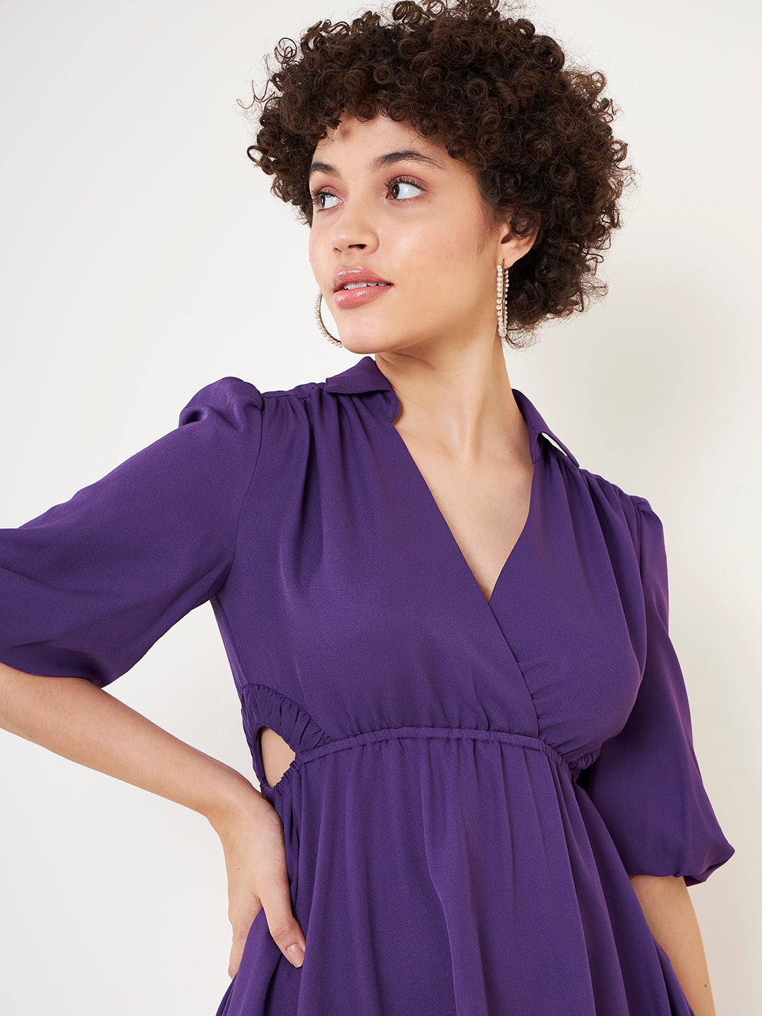 Purple Solid Cutout Midi Dress