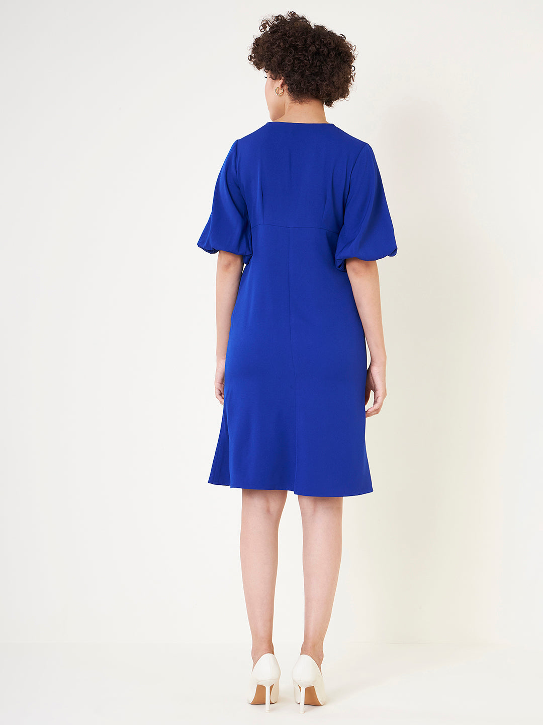 Blue Solid A Line Midi Dress