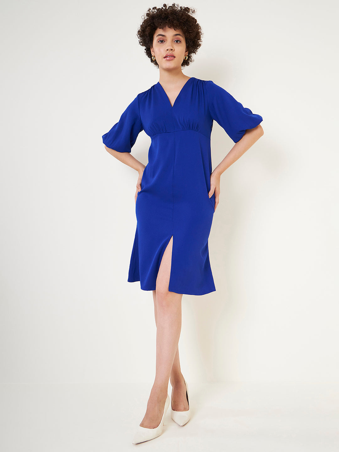 Blue Solid A Line Midi Dress