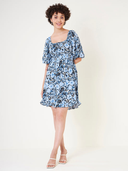 Blue Floral Printed Elasticated Mini Dress