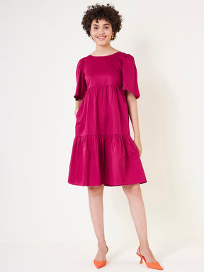 Pink Cotton Round Neck Tier Midi Dress