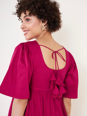 Pink Cotton Round Neck Tier Midi Dress