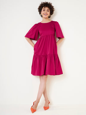 Pink Cotton Round Neck Tier Midi Dress