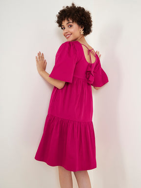 Pink Cotton Round Neck Tier Midi Dress