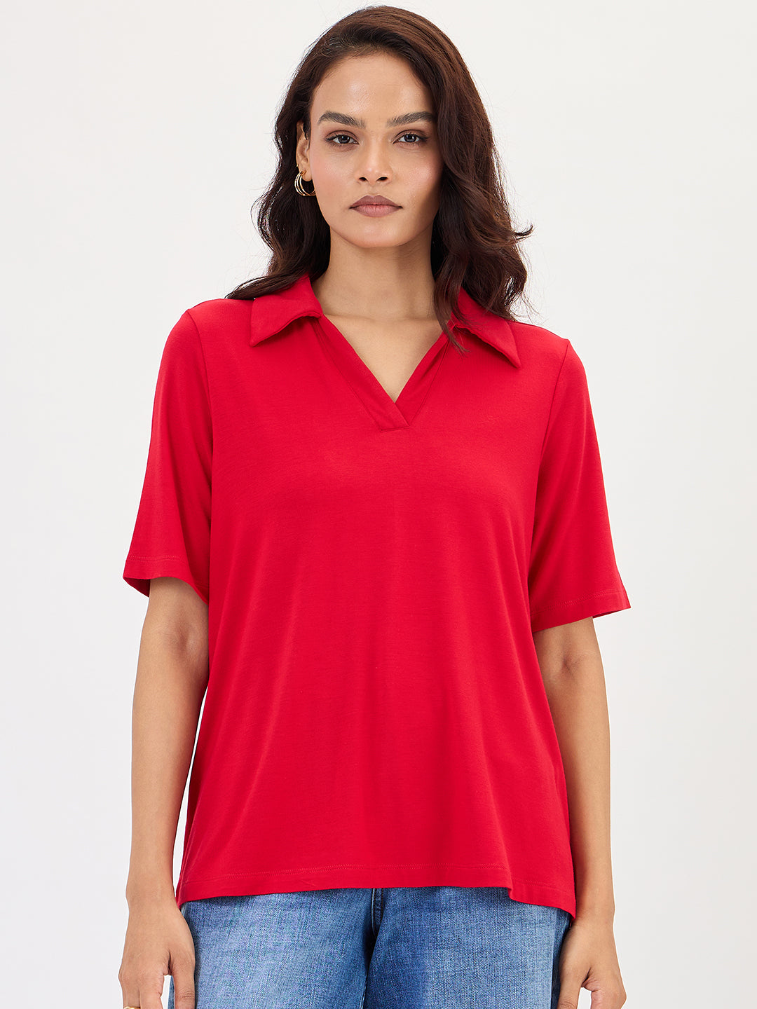 Bamboo Red Knit Collared T-Shirt