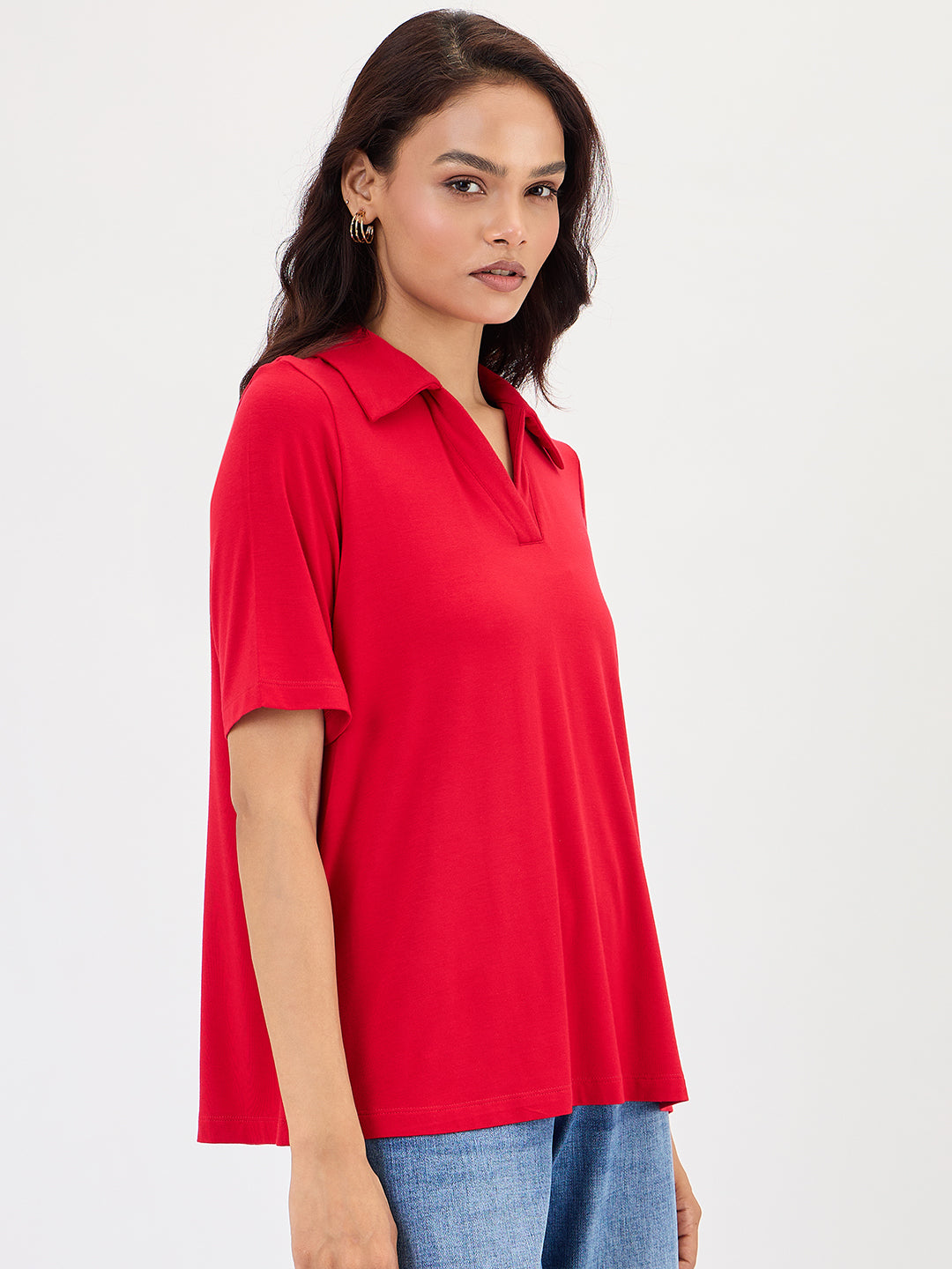 Bamboo Red Knit Collared T-Shirt