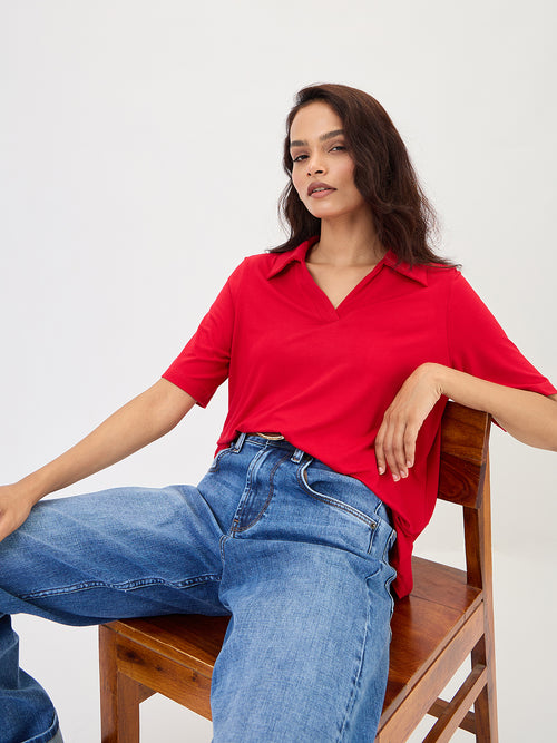 Bamboo Red Knit Collared T-Shirt