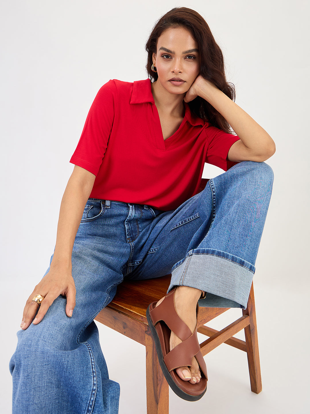 Bamboo Red Knit Collared T-Shirt