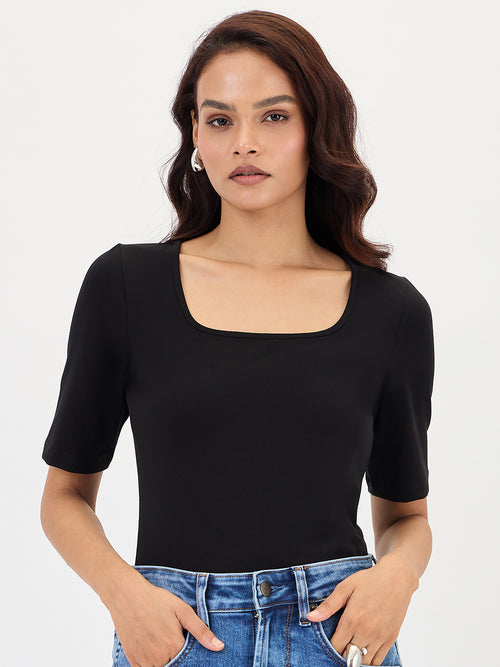 Black Cotton Knit Bodysuit