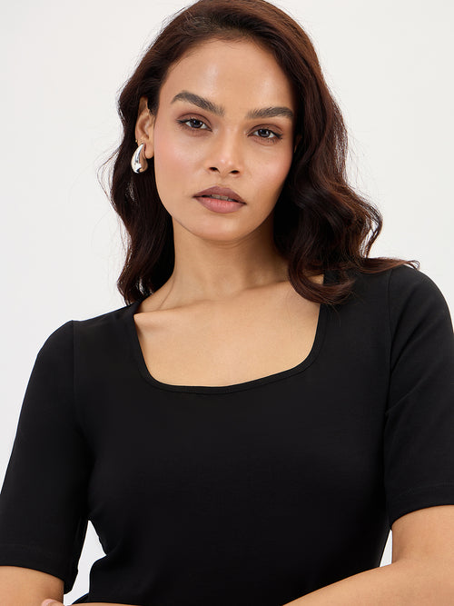 Black Cotton Knit Bodysuit