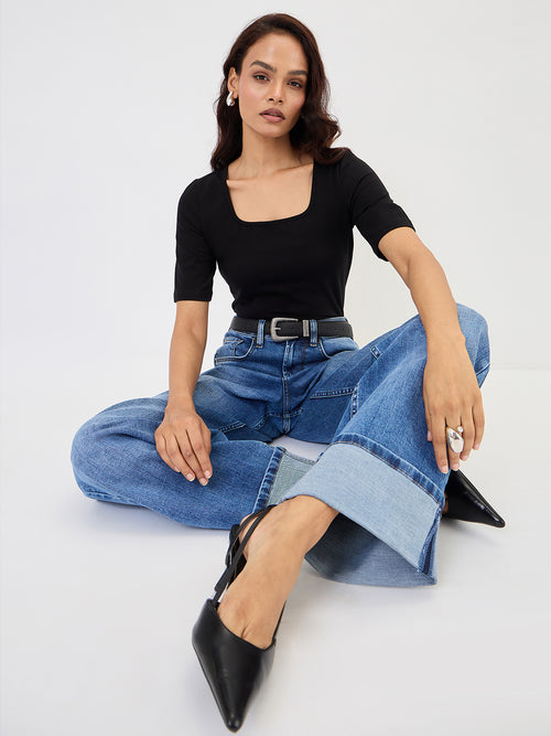 Black Cotton Knit Bodysuit