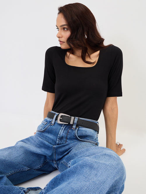 Black Cotton Knit Bodysuit