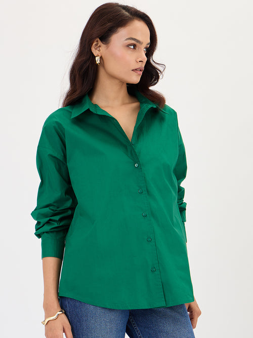 Green Poplin Back Button Detailing Shirt
