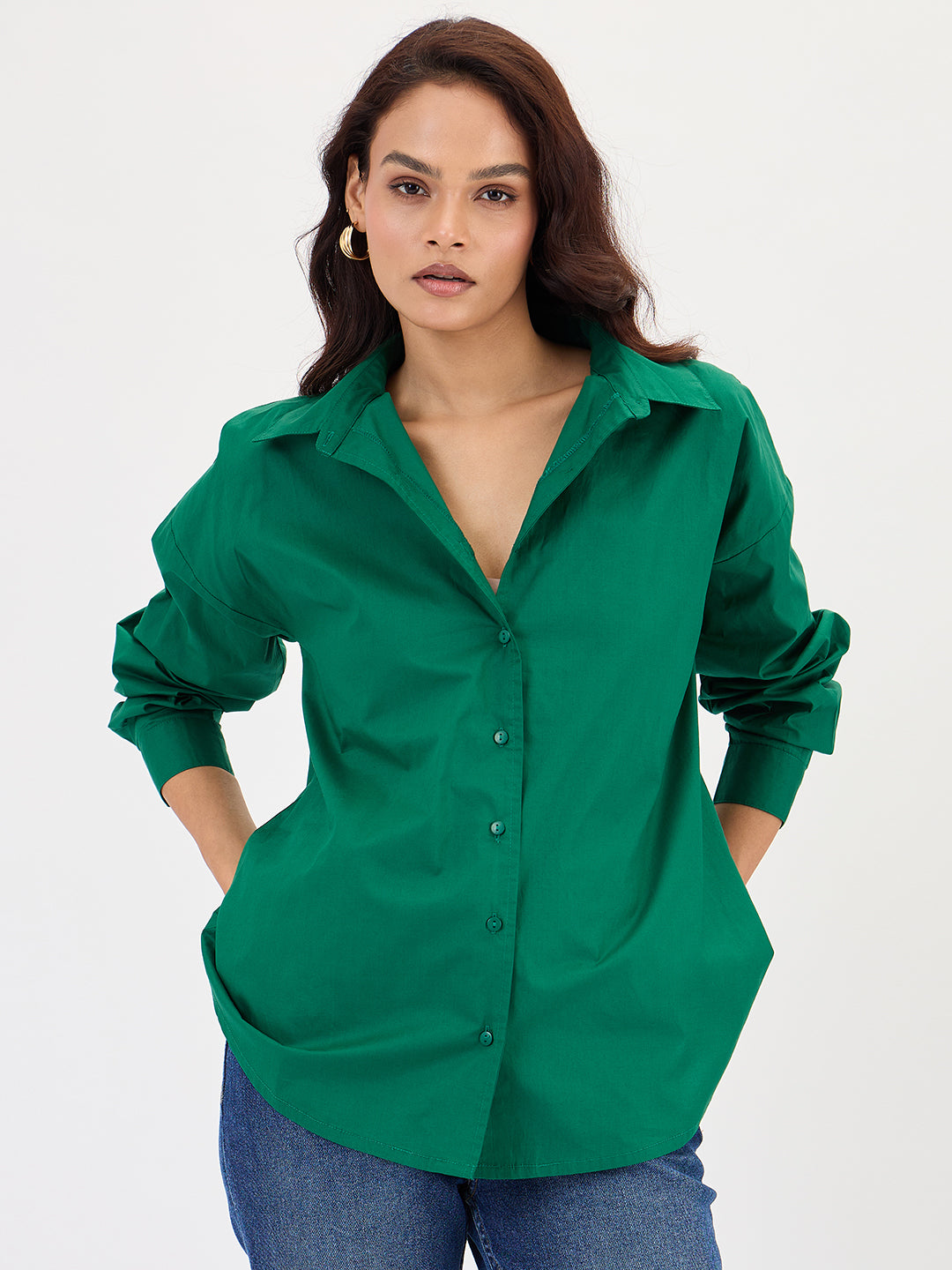 Green Poplin Back Button Detailing Shirt