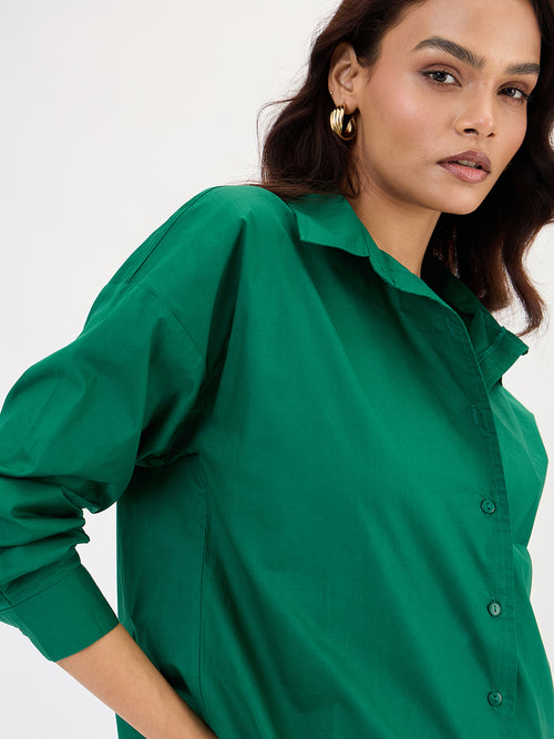 Green Poplin Back Button Detailing Shirt