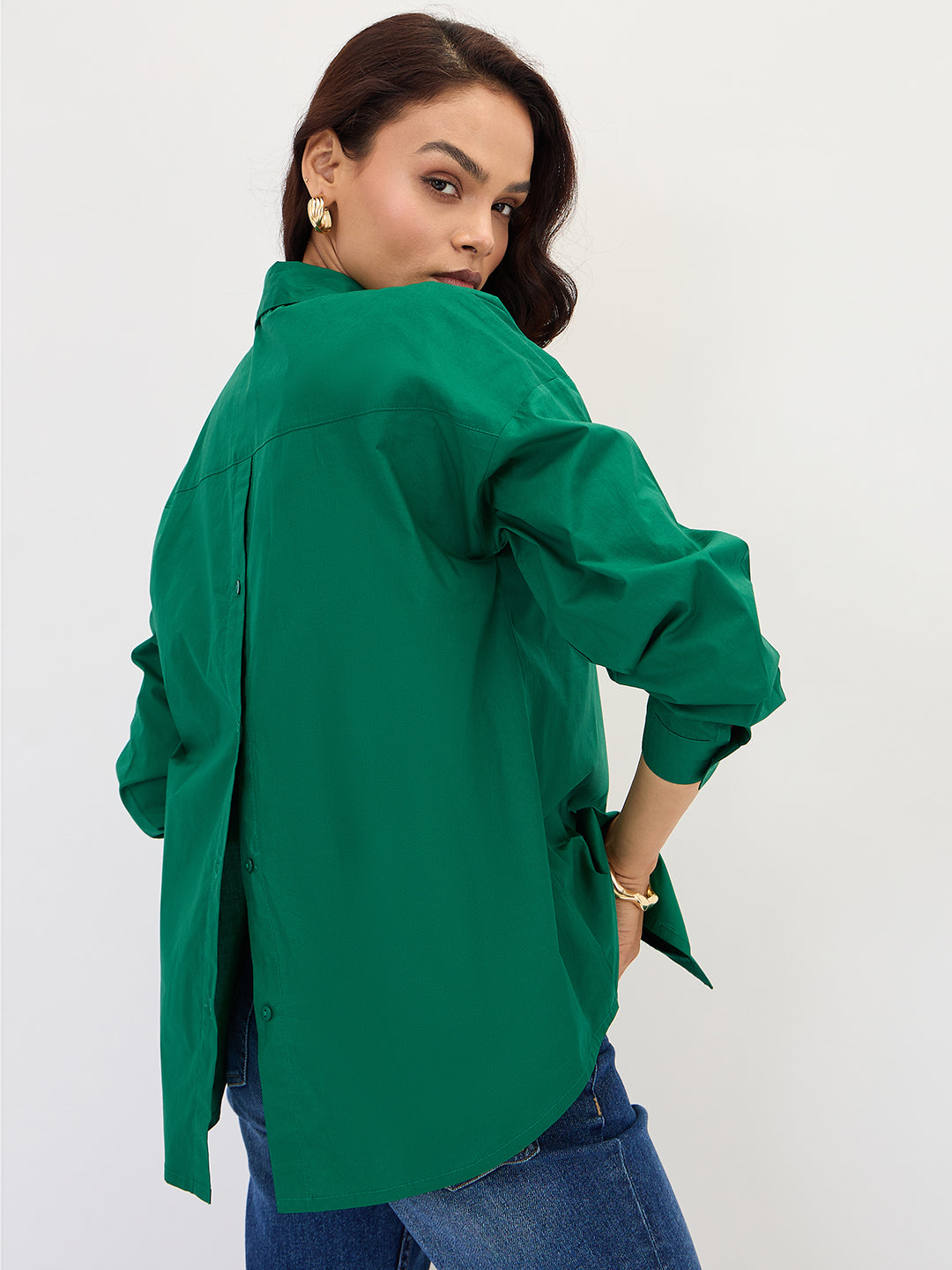 Green Poplin Back Button Detailing Shirt