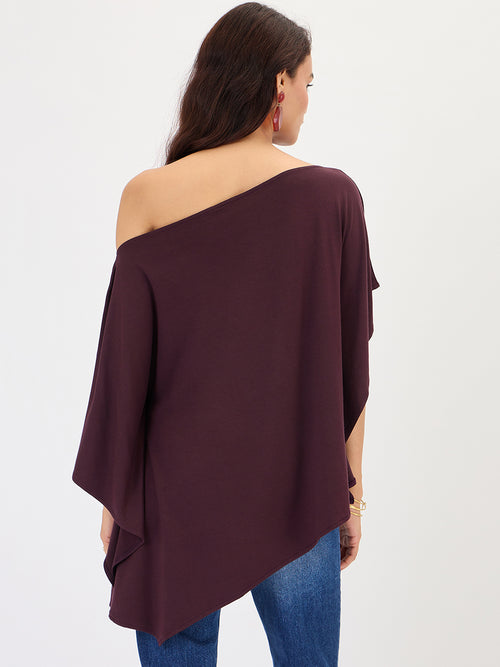 Wine One Shoulder Knitted Kimono Top
