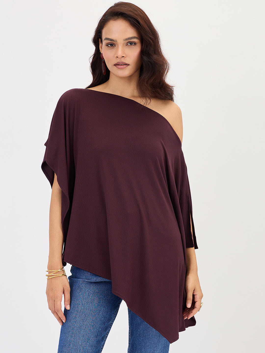 Wine One Shoulder Knitted Kimono Top