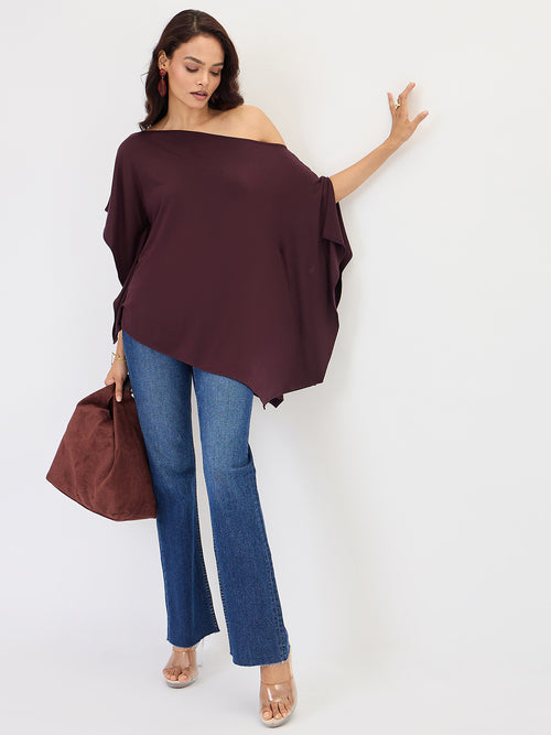 Wine One Shoulder Knitted Kimono Top