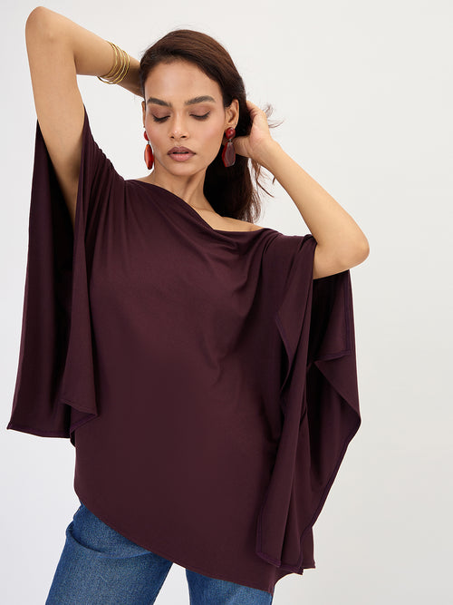 Wine One Shoulder Knitted Kimono Top