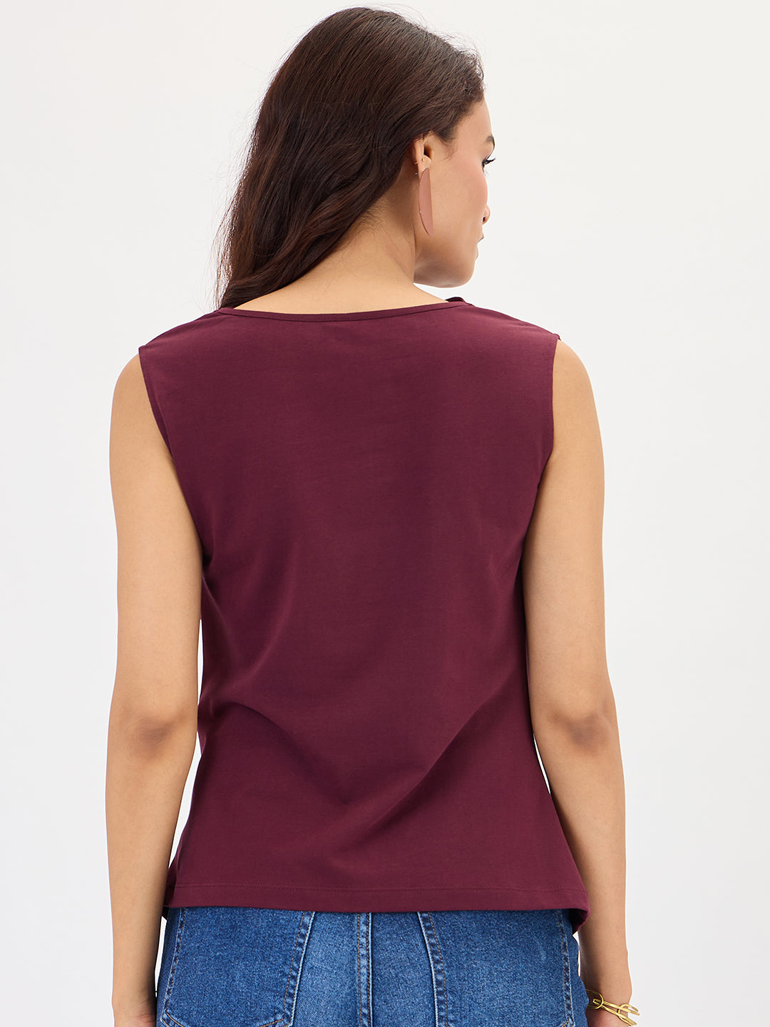 Wine Cotton Knit Ruching Detail Top