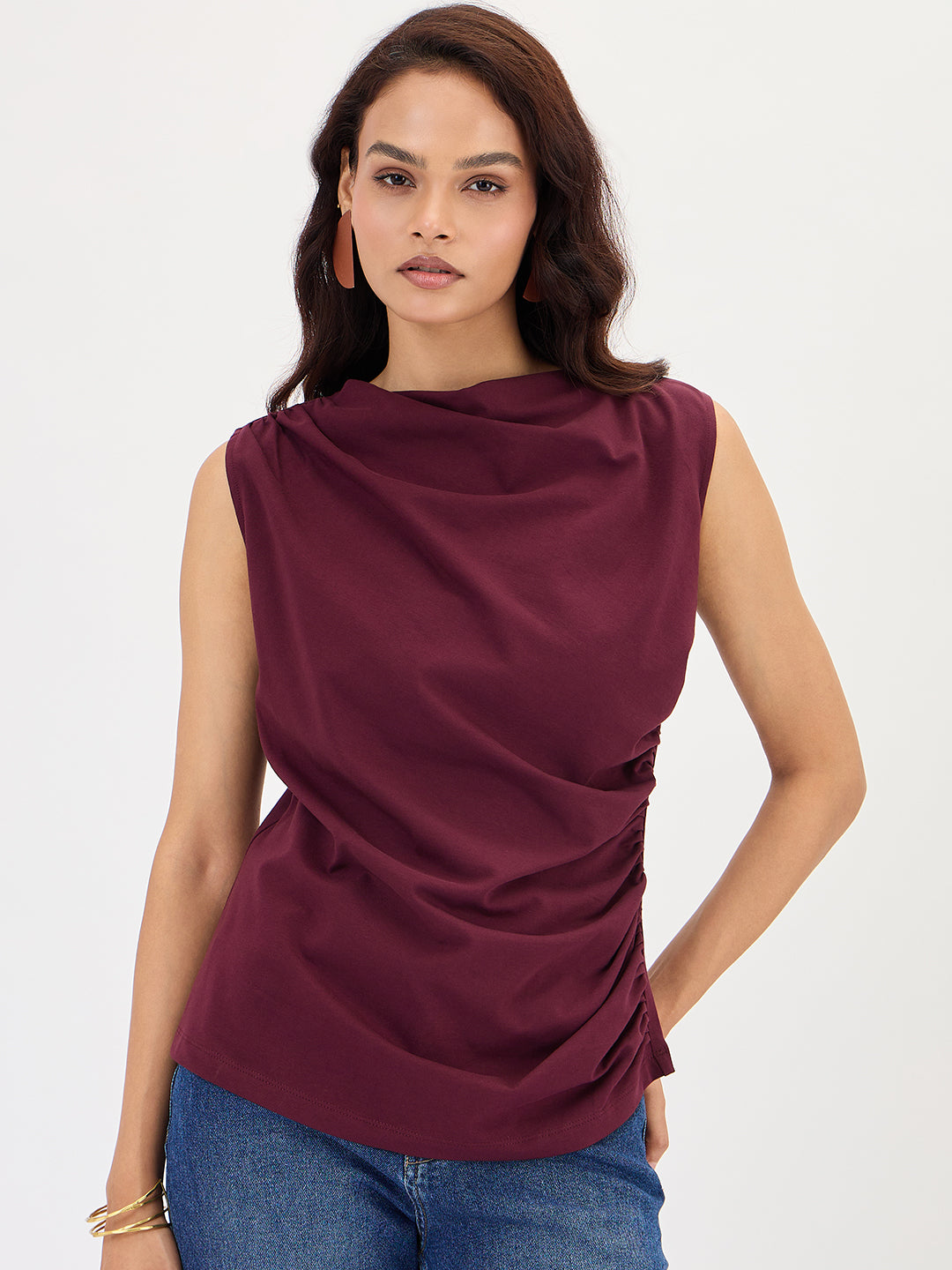 Wine Cotton Knit Ruching Detail Top