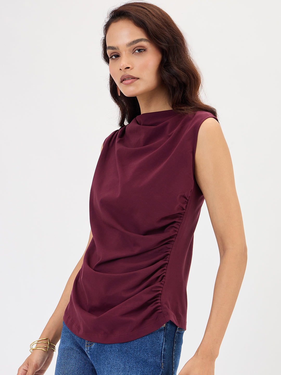 Wine Cotton Knit Ruching Detail Top