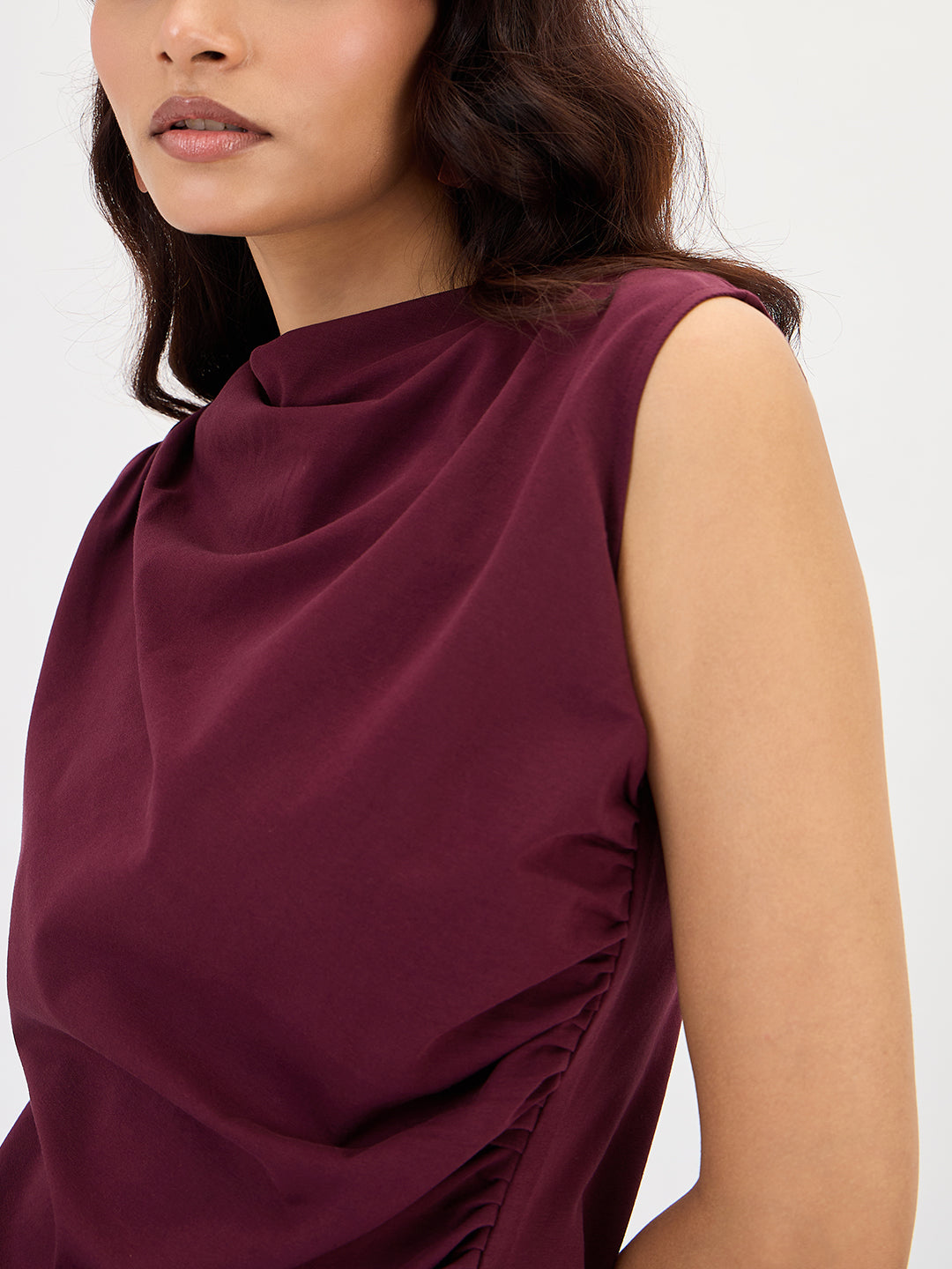Wine Cotton Knit Ruching Detail Top