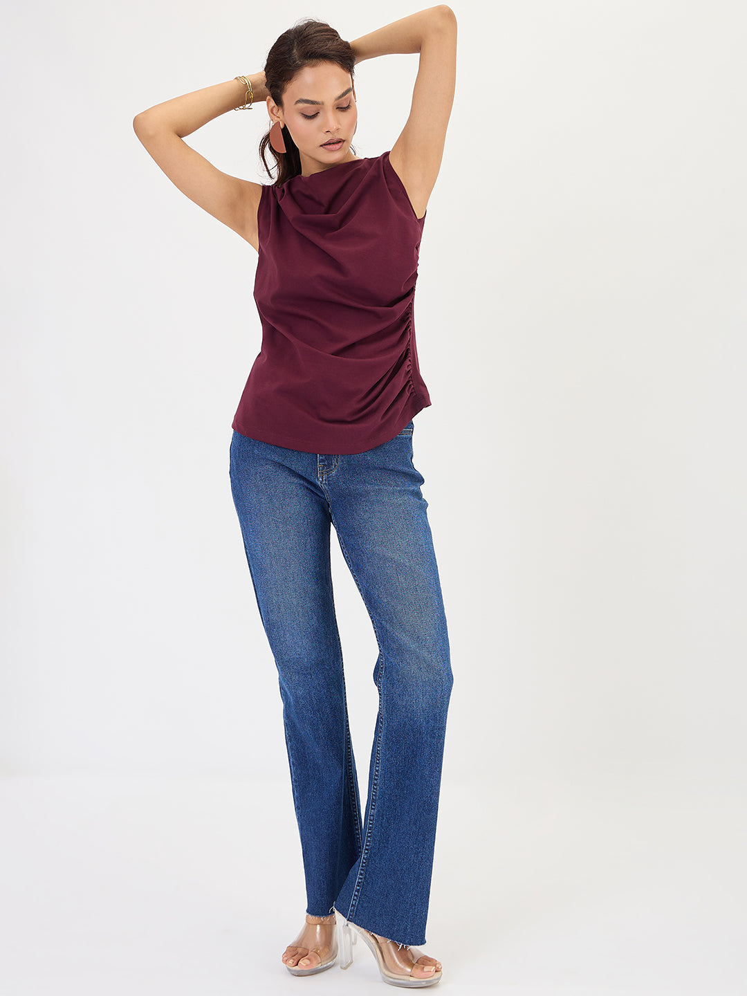 Wine Cotton Knit Ruching Detail Top