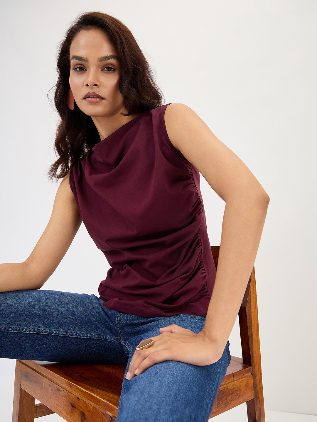 Wine Cotton Knit Ruching Detail Top
