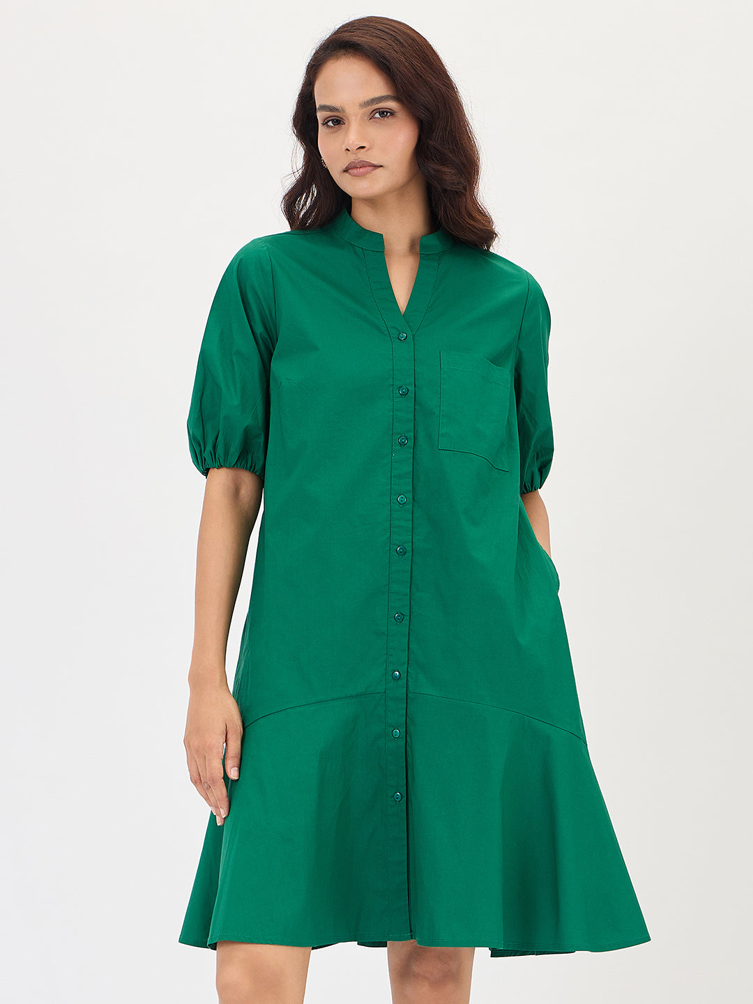 Green Poplin Button Down Knee Length Dress