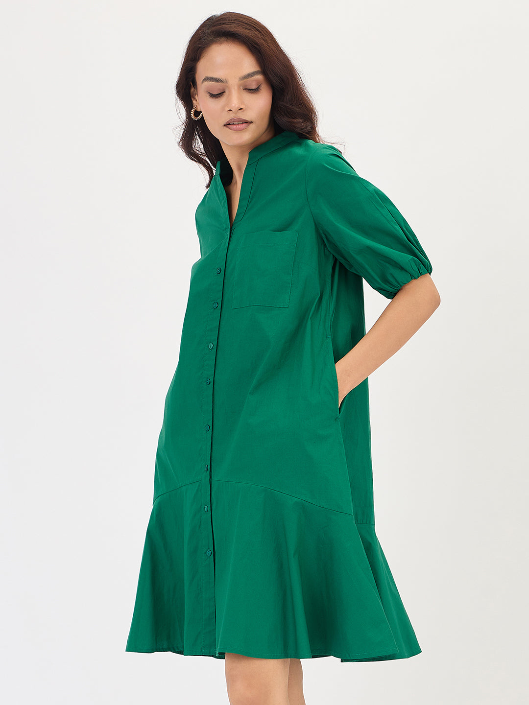 Green Poplin Button Down Knee Length Dress