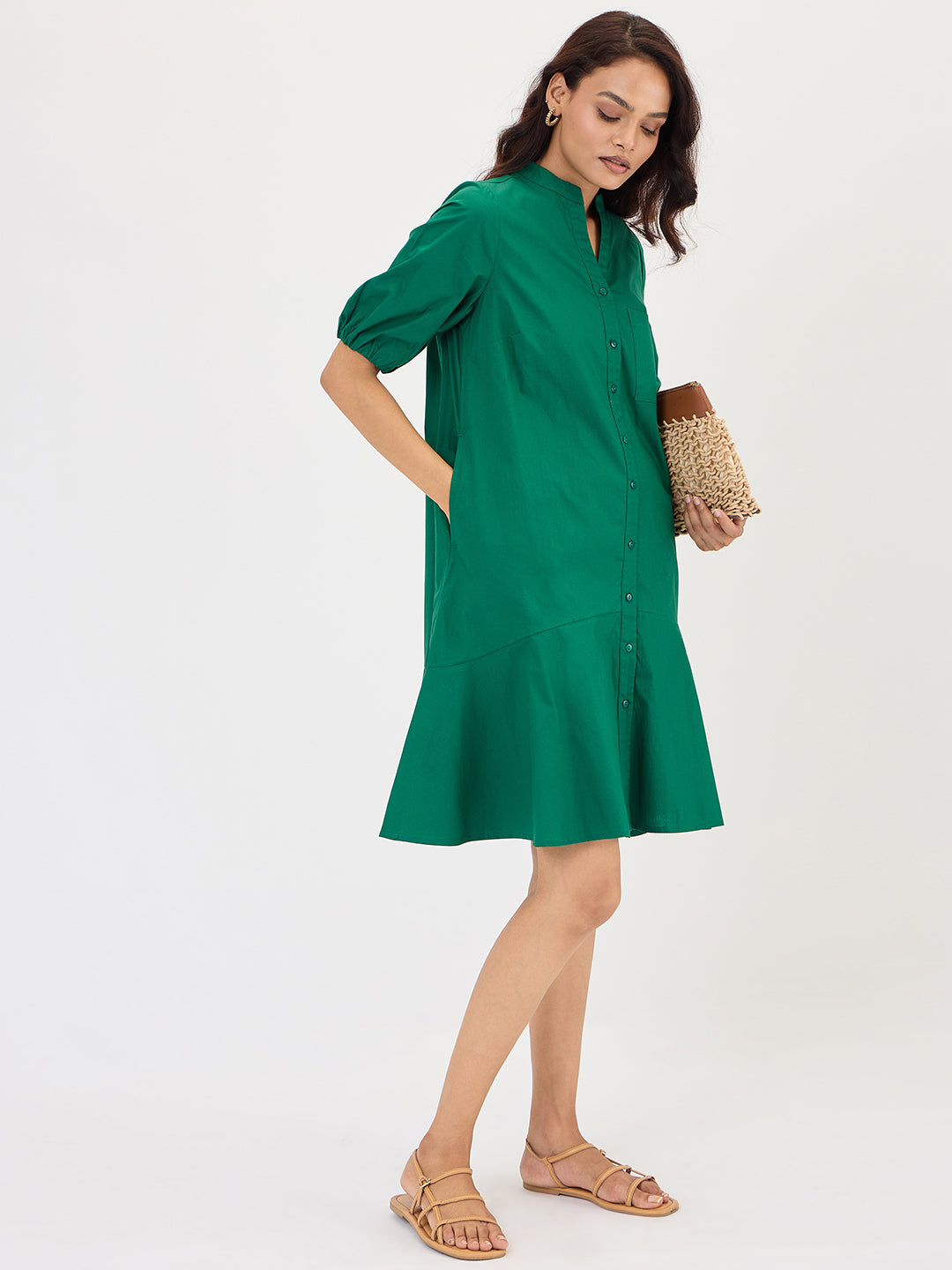 Green Poplin Button Down Knee Length Dress