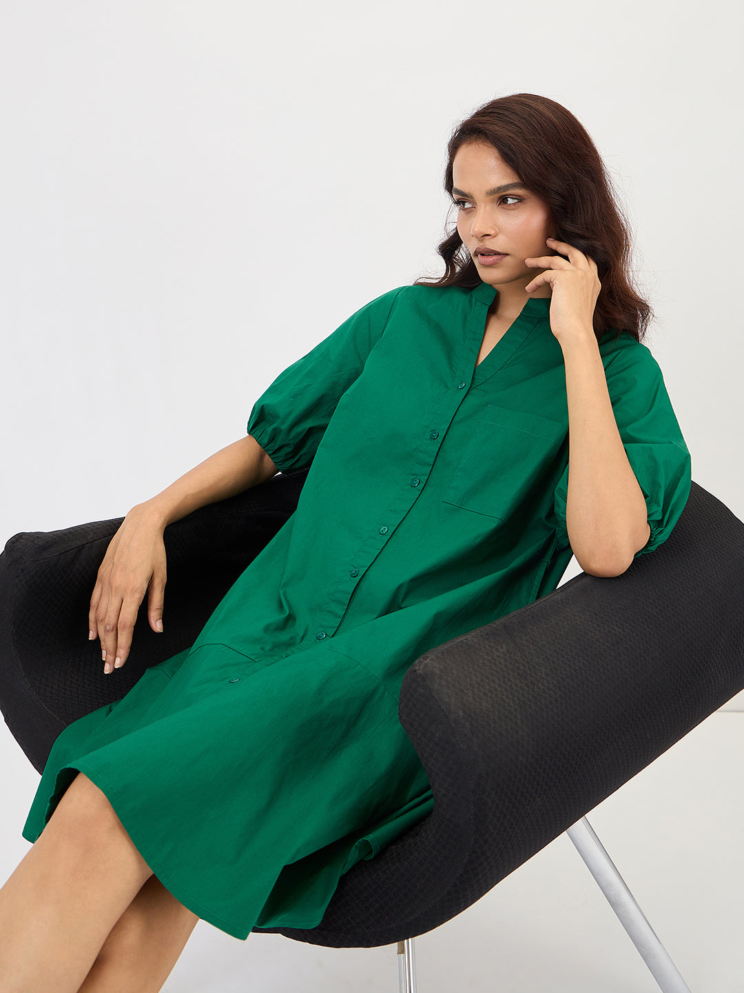 Green Poplin Button Down Knee Length Dress