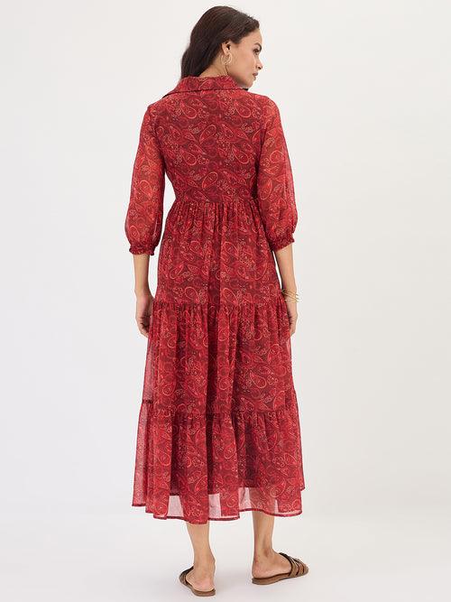 Maroon Paisley Tiered Maxi Dress