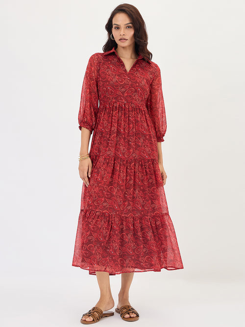 Maroon Paisley Tiered Maxi Dress