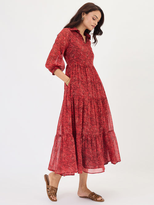 Maroon Paisley Tiered Maxi Dress