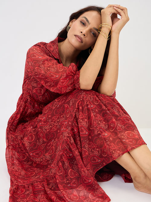 Maroon Paisley Tiered Maxi Dress
