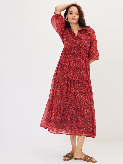 Maroon Paisley Tiered Maxi Dress