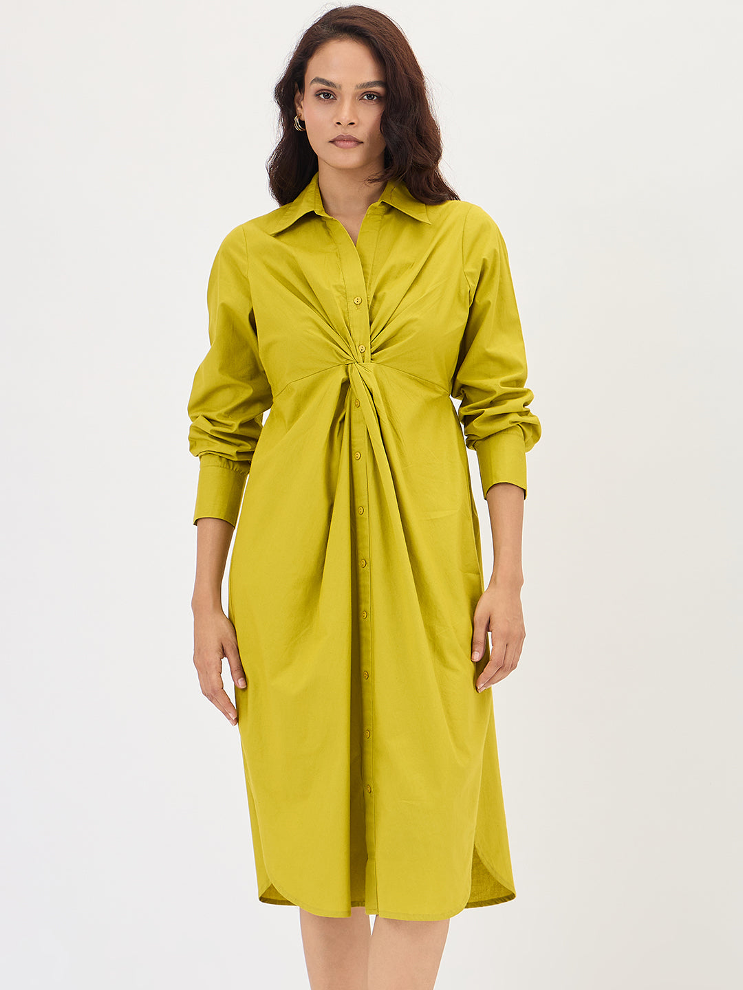 Citrine Green Poplin Knot Detail Midi Dress