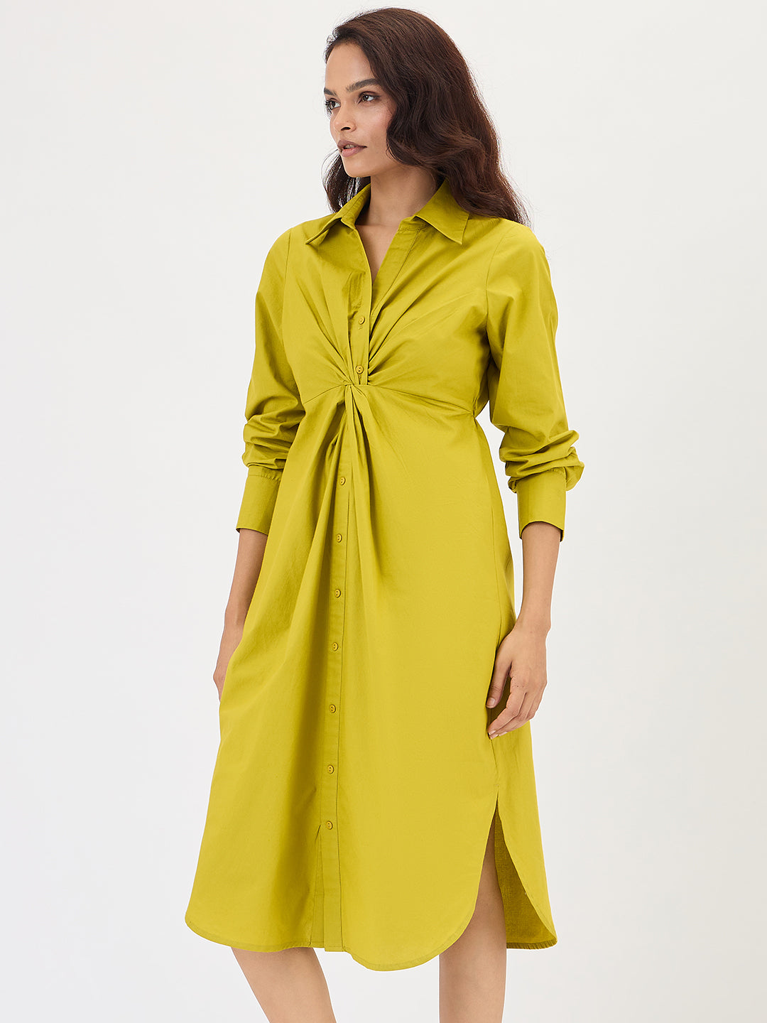 Citrine Green Poplin Knot Detail Midi Dress