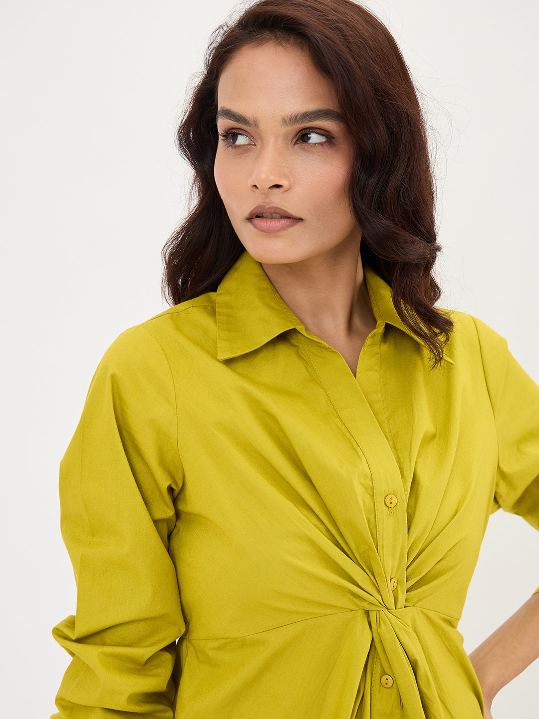 Citrine Green Poplin Knot Detail Midi Dress