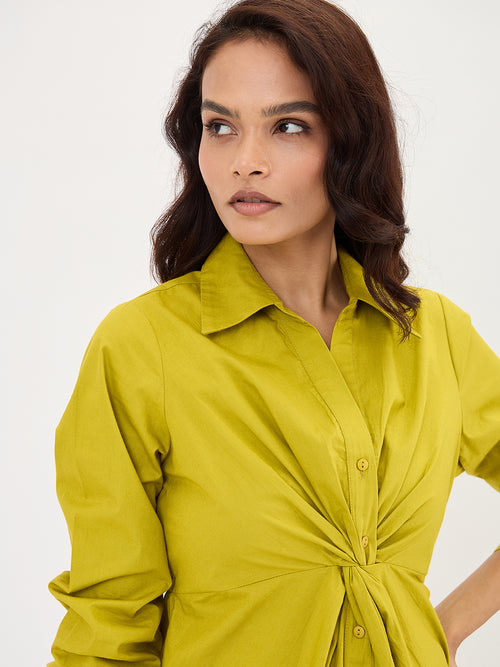 Citrine Green Poplin Knot Detail Midi Dress