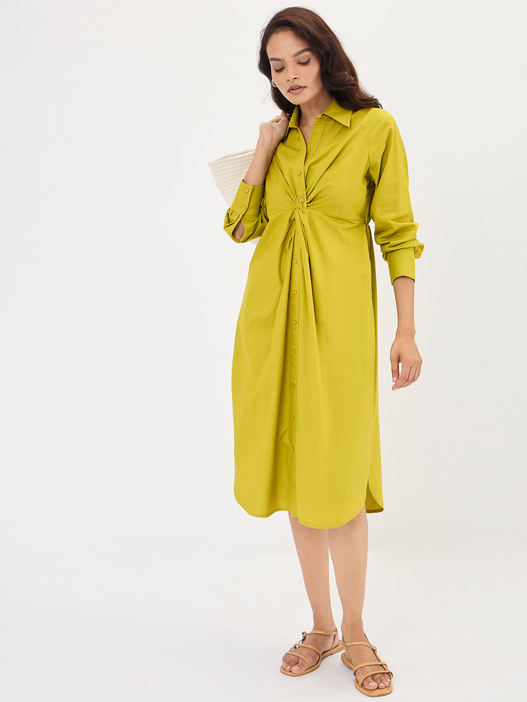 Citrine Green Poplin Knot Detail Midi Dress