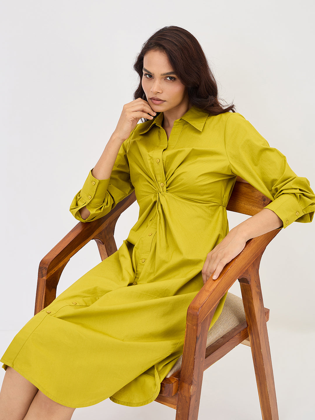 Citrine Green Poplin Knot Detail Midi Dress