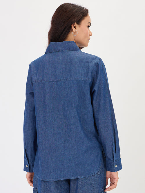 Navy Blue Half Zip Up Denim Top
