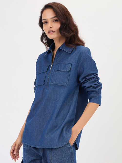 Navy Blue Half Zip Up Denim Top
