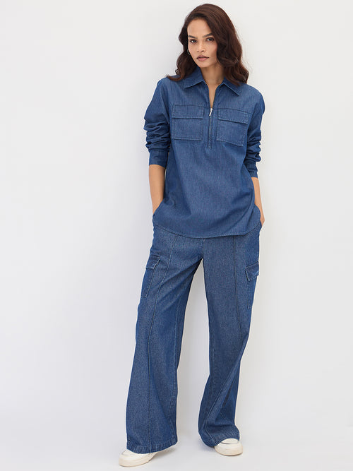 Navy Blue Half Zip Up Denim Top