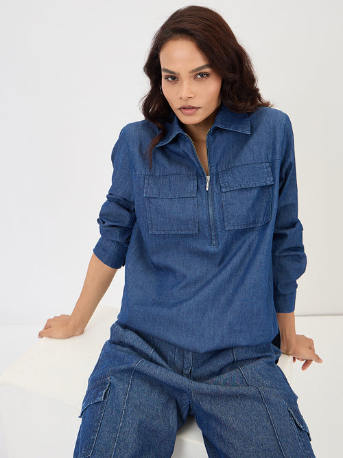 Navy Blue Half Zip Up Denim Top