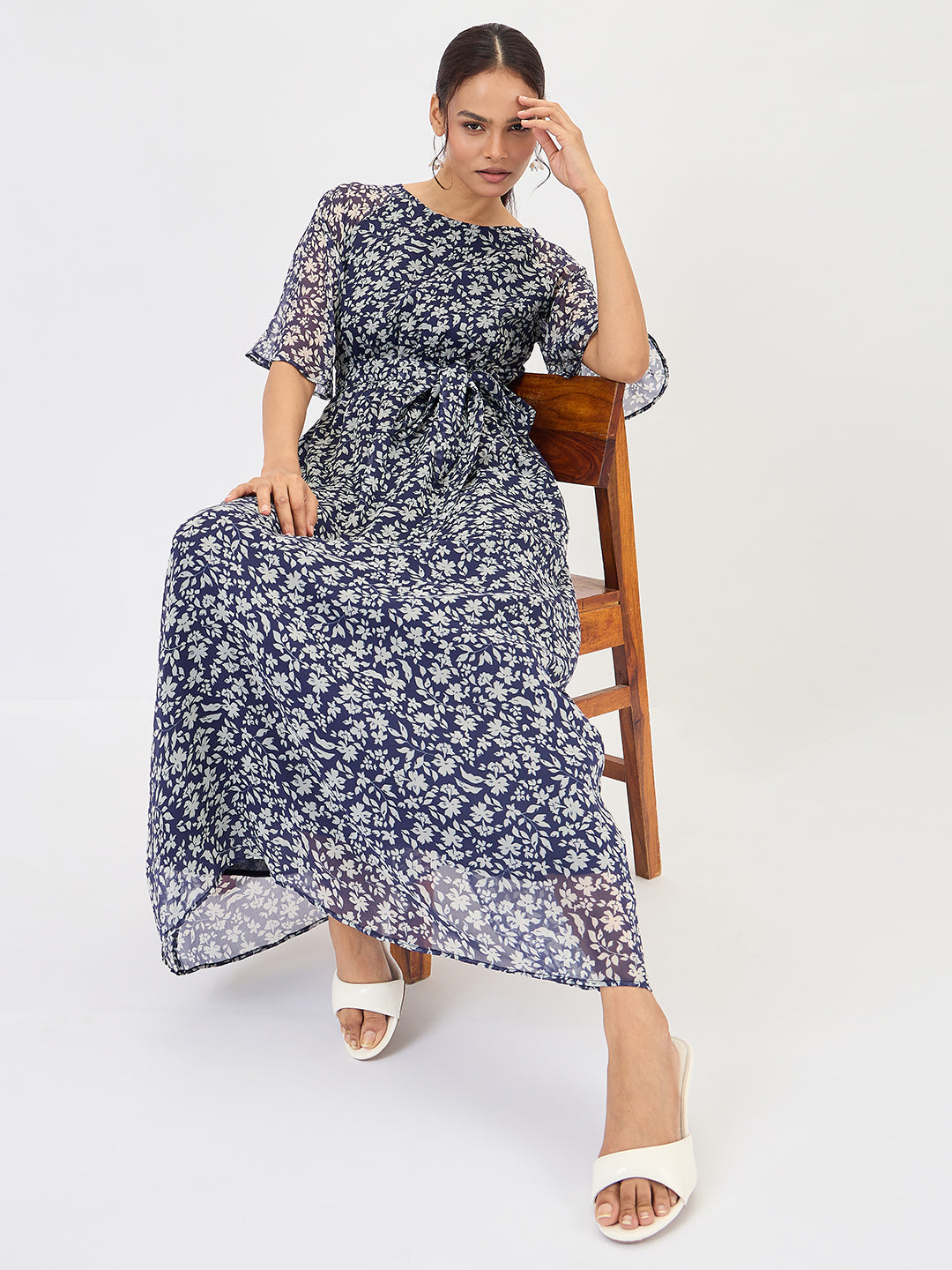 Navy Floral Print Maxi Dress